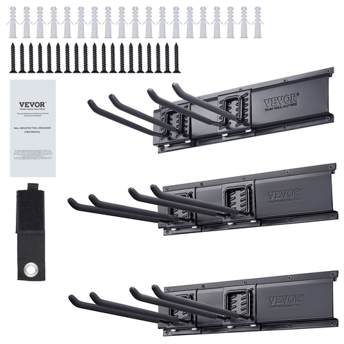 VEVOR Garage Tool Organizer, 600 lbs Max Load Capacity, Wall Mount Yard Garden Storage Rack Organization Heavy Duty με 6 ρυθμιζόμενους γάντζους και 3 ράγες, για εργαλεία κήπου, φτυάρια, ψαλίδια και σωλήνες