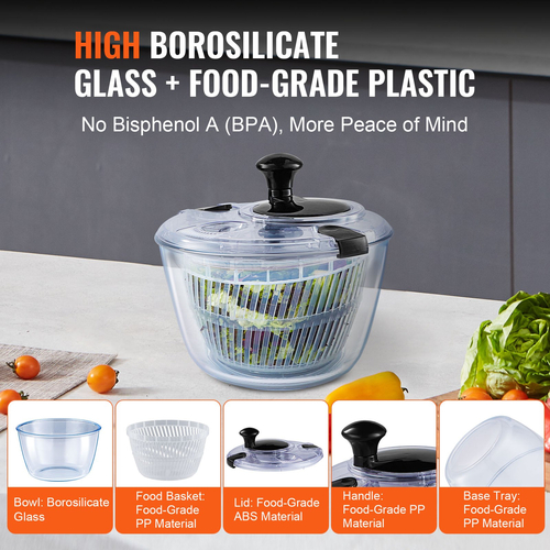 VEVOR Glass Salad Spinner, 4,75 Qt, Μεγάλο Στεγνωτήριο Λαχανικών Easy Press με ένα χέρι, καθαριστικό και στεγνωτήριο μαρουλιού με καπάκι από γυάλινο μπολ από βοριοπυριτικό, για χόρτα, βότανα, μούρα, φρούτα, χωρίς BPA
