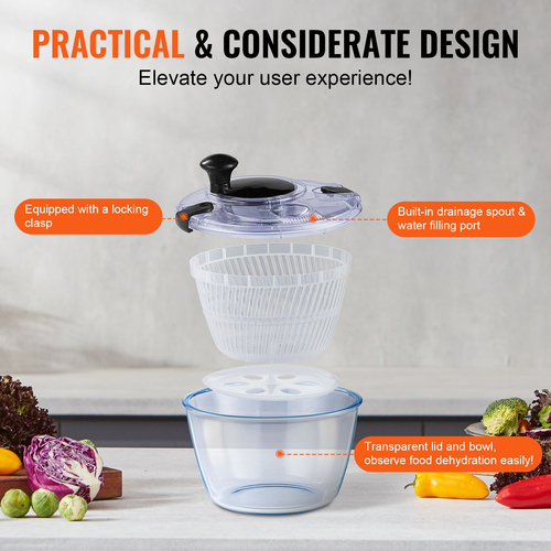 VEVOR Glass Salad Spinner, 4,75 Qt, Μεγάλο Στεγνωτήριο Λαχανικών Easy Press με ένα χέρι, καθαριστικό και στεγνωτήριο μαρουλιού με καπάκι από γυάλινο μπολ από βοριοπυριτικό, για χόρτα, βότανα, μούρα, φρούτα, χωρίς BPA
