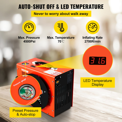 VEVOR PCP Air Compressor, Φορητός καταδυτικός συμπιεστής 350W 2700 RPM, Υψηλή πίεση 4500 Psi με Γρήγορη σύνδεση 8 mm &amp; Ενσωματωμένος ανεμιστήρας ψύξης, Σχεδίαση αυτόματης απενεργοποίησης δεξαμενής 1,5L Τροφοδοτείται από μπαταρία σπιτιού και αυτοκινήτου