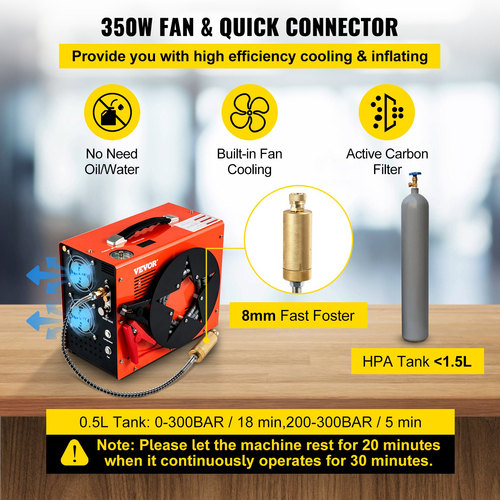 VEVOR PCP Air Compressor, Φορητός καταδυτικός συμπιεστής 350W 2700 RPM, Υψηλή πίεση 4500 Psi με Γρήγορη σύνδεση 8 mm &amp; Ενσωματωμένος ανεμιστήρας ψύξης, Σχεδίαση αυτόματης απενεργοποίησης δεξαμενής 1,5L Τροφοδοτείται από μπαταρία σπιτιού και αυτοκινήτου