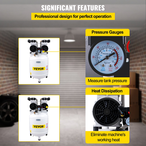 VEVOR Air Compressor, 90L/19,8 Gallon Vertical Air Compressor, 3HP 2200W Portable Oilless Air Compressor Tank, Ultra Quiet, 115PSI, 14.3CFM, 1440RPM, για φούσκωμα ελαστικών, ανακαίνιση σπιτιού, εργαλεία αέρα