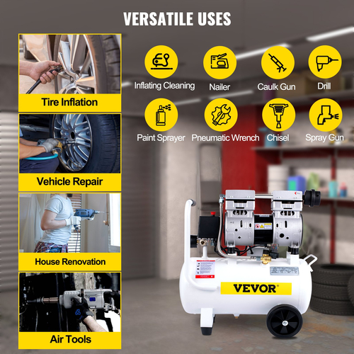 VEVOR Air Compressor, Δεξαμενή αεροσυμπιεστή 18L/4 Gallon, φορητό κιτ αεροσυμπιεστή χωρίς λάδι 1,1HP 850W για γκαράζ, Ultra Quiet, 115PSI, 5,9CFM, 1440RPM, για φούσκωμα ελαστικών,Ανακαίνιση σπιτιού, Εργαλεία αέρα