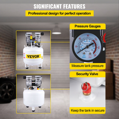 VEVOR Pancake Air Compressor, 35L/7,7 Gallon Vertical Air Compressor Tank, φορητός συμπιεστής χωρίς λάδι 1HP 750W, Ultra Quiet, 115PSI, 5.9CFM, 1440rpm, για φούσκωμα ελαστικών, ανακαίνιση σπιτιού, εργαλεία αέρα
