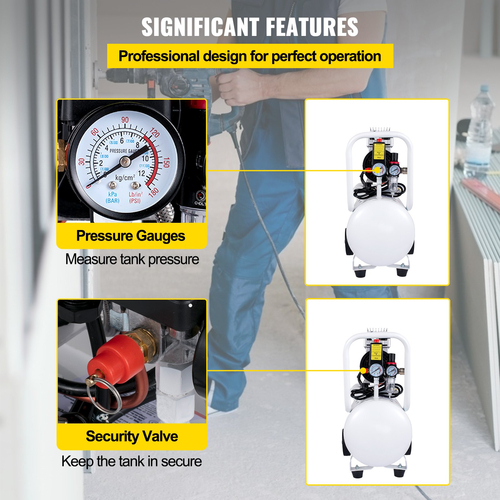 VEVOR Air Compressor, Δεξαμενή αεροσυμπιεστή 30L/6,6Gallon, φορητό κιτ αεροσυμπιεστή χωρίς λάδι 1,1HP 850W για γκαράζ, Ultra Quiet, 115PSI, 5,9CFM, 1440RPM, για φούσκωμα ελαστικών,Ανακαίνιση σπιτιού, Tool