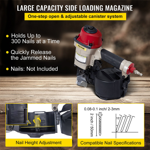 VEVOR Siding Nail Gun CN55, Professional Coil Nailer από 1-Inch έως 2-1/4-Inch, Siding Nailer with Adjustable PC Magazine Coil Siding Nailer 15 μοιρών για γρήγορη και σκληρή οδήγηση των νυχιών