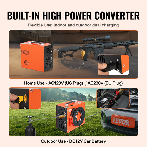 VEVOR PCP Air Compressor, 4500PSI/30Mpa Portable PCP Airgun Compressor - Ενσωματωμένο σύστημα ψύξης νερού και ανεμιστήρα, Auto-Stop | Συμπιεστής δεξαμενής Paintball DC12V/AC230V για αεροβόλο τουφέκι, μπουκάλι κατάδυσης