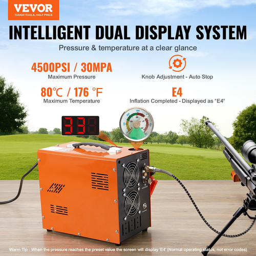 VEVOR PCP Air Compressor, 4500PSI/30Mpa φορητός συμπιεστής PCP με ενσωματωμένο μετατροπέα ισχύος, Auto-Stop | DC12V/AC230V | Αντλία συμπιεστή χωρίς λάδι και νερό
