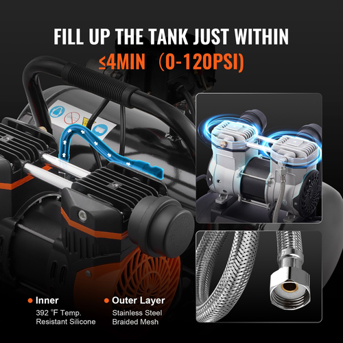 VEVOR Air Compressor Compact Portable Oil Free Compressor 2 Gallon 8bar
