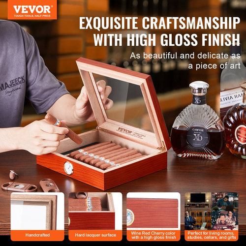 VEVOR 25 Cigars Humidor Glasstop Cedar Cigar Storage Box Υγρόμετρο υγραντήρα