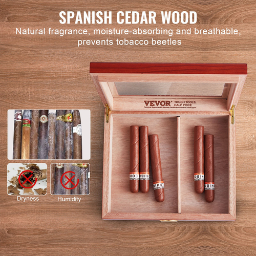 VEVOR 25 Cigars Humidor Glasstop Cedar Cigar Storage Box Υγρόμετρο υγραντήρα