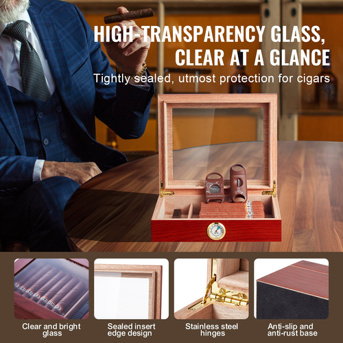 VEVOR 25 Cigars Humidor Glasstop Cedar Cigar Storage Box Υγρόμετρο υγραντήρα