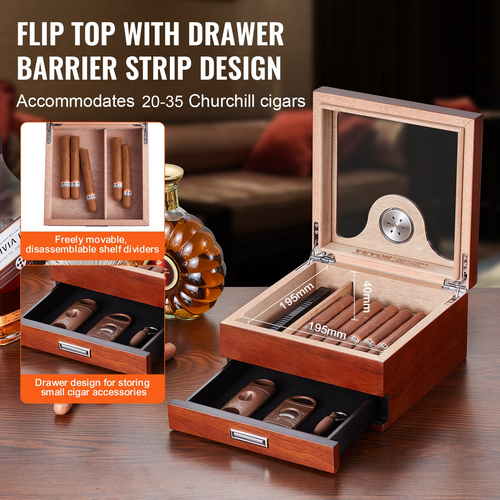 VEVOR 35 Cigar Humidor Glasstop Cedar Cigar Box Υγραντήρας &amp; υγρόμετρο &amp; συρτάρι