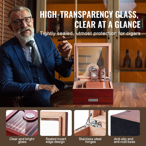 VEVOR 35 Cigar Humidor Glasstop Cedar Cigar Box Υγραντήρας &amp; υγρόμετρο &amp; συρτάρι