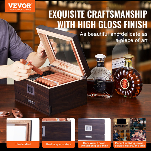 VEVOR 50 Cigar Humidor Glasstop Cedar Cigar Box Υγραντήρας &amp; υγρόμετρο &amp; συρτάρι