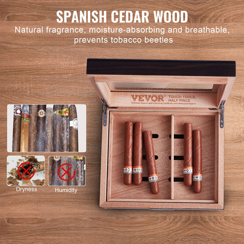 VEVOR 50 Cigar Humidor Glasstop Cedar Cigar Box Υγραντήρας &amp; υγρόμετρο &amp; συρτάρι