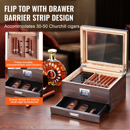VEVOR 50 Cigar Humidor Glasstop Cedar Cigar Box Υγραντήρας &amp; υγρόμετρο &amp; συρτάρι