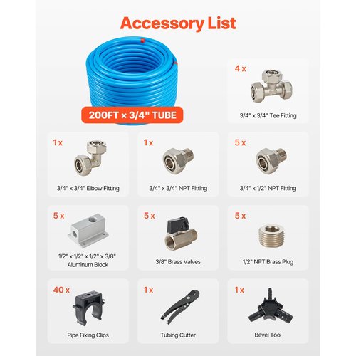 VEVOR Air Compressor Line Kit 3/4&#039;&#039; x 200FT HDPE-Aluminium Air Piping System Blue