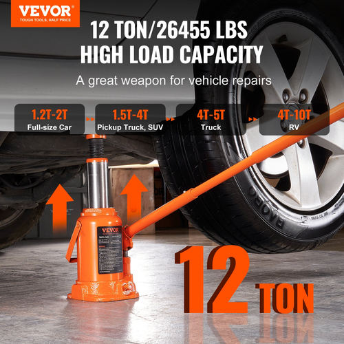 VEVOR Hydraulic Bottle Jack, 12 Ton/24000 LBS All Welded Bottle Jack, 190-355 mm Range Lifting, με μακριά λαβή 3 τμημάτων, για αυτοκίνητο, Pickup Truck, Truck, RV, Auto Repair, Industrial Engineering