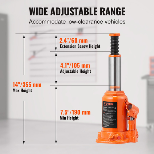 VEVOR Hydraulic Bottle Jack, 12 Ton/24000 LBS All Welded Bottle Jack, 190-355 mm Range Lifting, με μακριά λαβή 3 τμημάτων, για αυτοκίνητο, Pickup Truck, Truck, RV, Auto Repair, Industrial Engineering