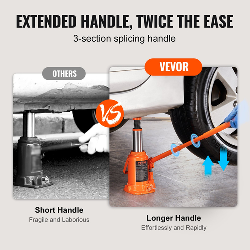 VEVOR Hydraulic Bottle Jack, 12 Ton/24000 LBS All Welded Bottle Jack, 190-355 mm Range Lifting, με μακριά λαβή 3 τμημάτων, για αυτοκίνητο, Pickup Truck, Truck, RV, Auto Repair, Industrial Engineering
