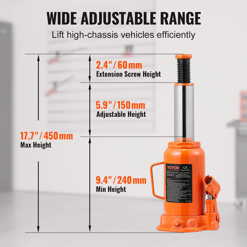 VEVOR Hydraulic Bottle Jack, 20 Ton/44092 LBS All Welded Bottle Jack, 240-450 mm Range Lifting, με μακριά λαβή 3 τμημάτων, για αυτοκίνητο, Pickup Truck, Truck, RV, Auto Repair, Industrial Engineering