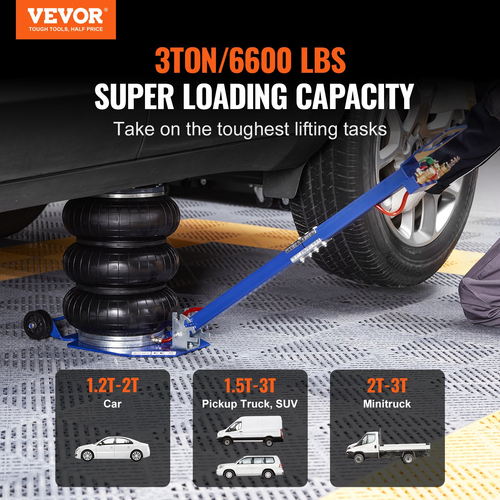VEVOR Air Jack, 3 Ton/6600 lbs Triple Bag Air Jack, Airbag Jack με έξι χαλύβδινους σωλήνες, ανύψωση έως 17,7&quot;, 3-5 s Fast Lifting Pneumatic Jack, με ρυθμιζόμενες μακριές λαβές για αυτοκίνητα, γκαράζ, επισκευή (Μπλε)