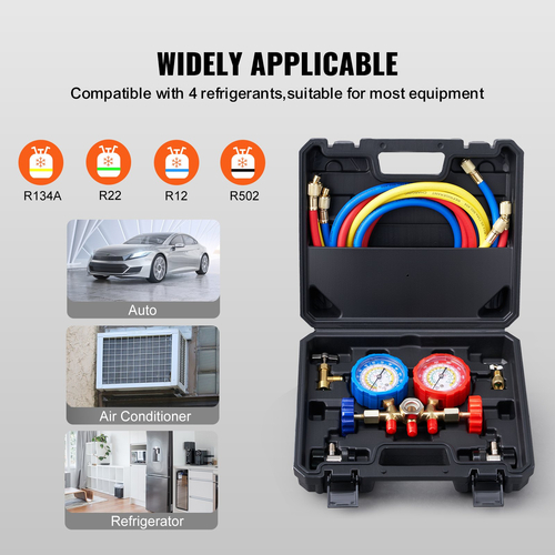VEVOR 3-Way AC Diagnostic Gauge Gauge Ταιριάζει για ψυκτικό μέσο R134A, R22, R12, R502, Σετ μετρητή AC με εύκαμπτους σωλήνες 5 ποδών, ζεύκτες, δυνατότητα τσιμπήματος για σύστημα A/C αυτοκινήτου Συντήρηση κλιματισμού αυτοκινήτου