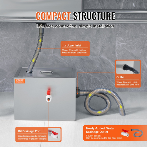 VEVOR Commercial Grease Trap, 8 LBS Grease Interceptor, Top Int Interceptor, Under Sink Graase Trap από ανοξείδωτο ατσάλι, 2,8 GPM Διαχωριστής λυμάτων λαδιού-νερού, για Καντίνα Εστιατορίου Κουζίνα σπιτιού