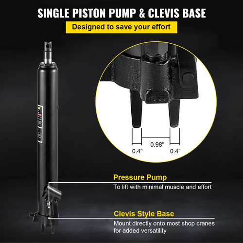 VEVOR Hydraulic Long Ram Jack, χωρητικότητας 3 Tons/6600 lbs, με μονοέμβολη αντλία και βάση Clevis, χειροκίνητος επιλογέας κερασιού με λαβή, για γερανούς γκαράζ/καταστήματος, ανυψωτικό κινητήρα, μαύρο