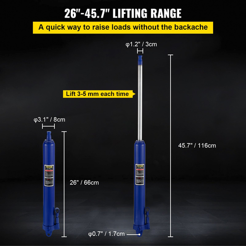 VEVOR Hydraulic Long Ram Jack, χωρητικότητας 8 Tons/17363 lbs, με μονοέμβολη αντλία και βάση Clevis, Χειροκίνητος επιλογέας Cherry με λαβή, για γερανούς γκαράζ/καταστήματος, ανυψωτικό κινητήρα, μπλε