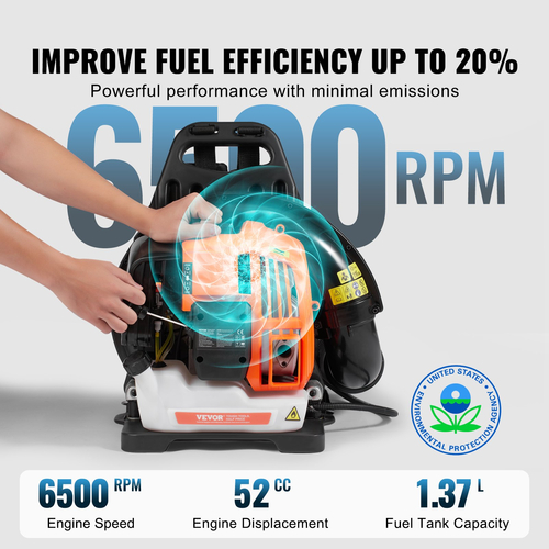 VEVOR Backpack Leaf Blower 52CC 2-Cycle Gas Leaf Blower 480CFM Όγκος αέρα 175 mph