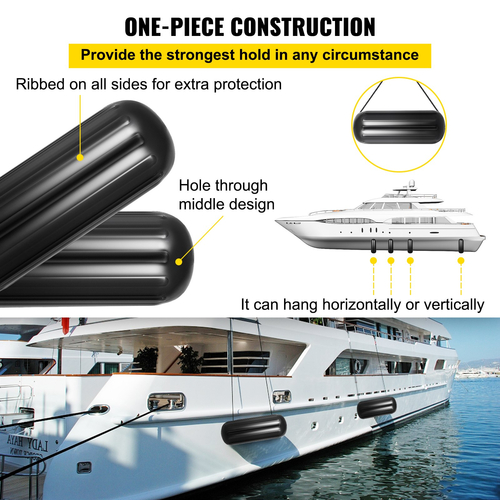 VEVOR 4 Φτερά σκάφους με ραβδώσεις 10&quot;x28&quot; Μαύρες κεντρικές τρύπες προφυλακτήρες Προστασία πρόσδεσης