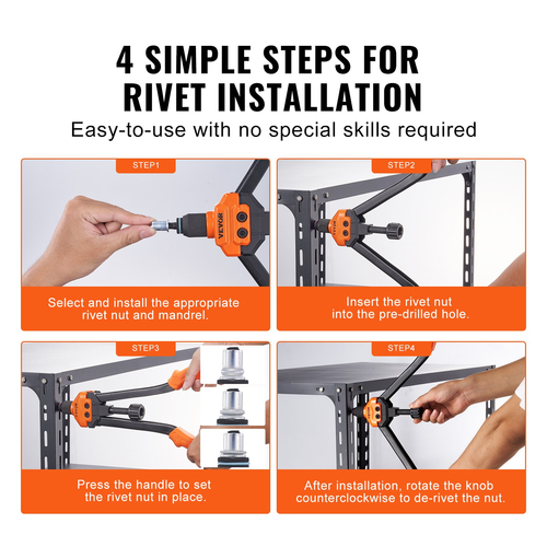 VEVOR Rivet Nut Tool, 16&quot; Rivnut Tool Kit with 13PCS Metric and SAE Mandrels, 186PCS Rivet Nuts, M3, M4, 10-24, M5, M6, 1/4-20, 8-32, 5/16-18, M8 , 3/8-16, M10, M12, 1/2-13, Με θήκη μεταφοράς