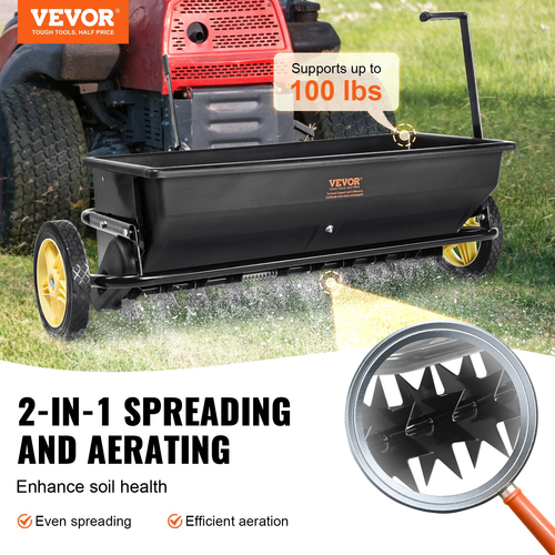 VEVOR Broadcast Spreader, 100 LB Tow Behind Poly Drop Spreader με 10&quot; τροχούς, Steel Spike Aerator, Fertilizer Spreader, Garden Seder και Salt Spreader, για κατοικίες, αγρόκτημα, σκληρό έδαφος, μαύρο