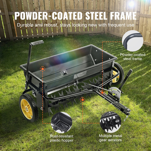 VEVOR Broadcast Spreader, 100 LB Tow Behind Poly Drop Spreader με 10&quot; τροχούς, Steel Spike Aerator, Fertilizer Spreader, Garden Seder και Salt Spreader, για κατοικίες, αγρόκτημα, σκληρό έδαφος, μαύρο