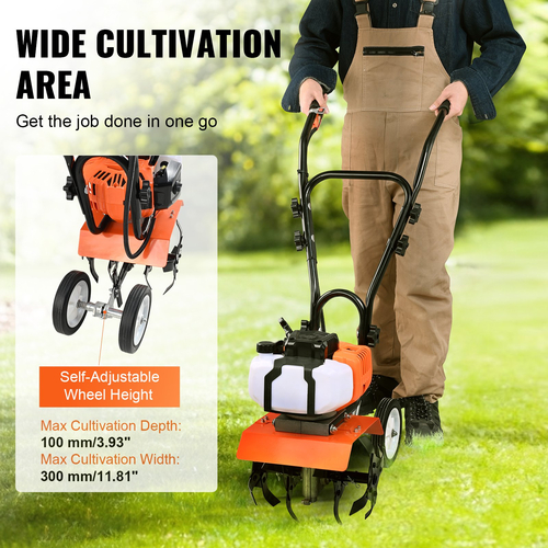 VEVOR Tiller Cultivator Gas Powered, 43CC 2-Stroke Garden Cultivator, Tiller με 4 ρυθμιζόμενα μπροστινά δόντια από χάλυβα για καλλιέργεια γκαζόν, κήπου και εδάφους