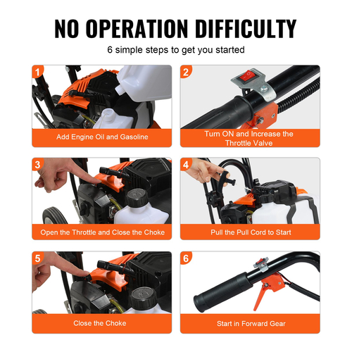 VEVOR Tiller Cultivator Gas Powered, 43CC 2-Stroke Garden Cultivator, Tiller με 4 ρυθμιζόμενα μπροστινά δόντια από χάλυβα για καλλιέργεια γκαζόν, κήπου και εδάφους