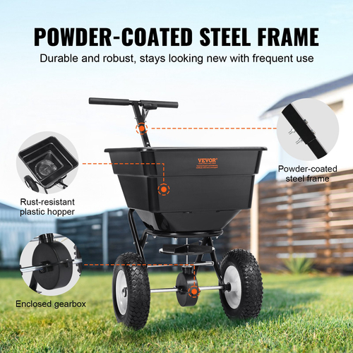 VEVOR Broadcast Spreader, 100 LB Walk-Behind Turf Spreader με 12&quot; τροχούς, Steel Push Fertilizer Spreader, Garden Seder και Salt Spreader, Σχεδιασμένο για κατοικίες, αγροκτήματα και σκληρό έδαφος, μαύρο