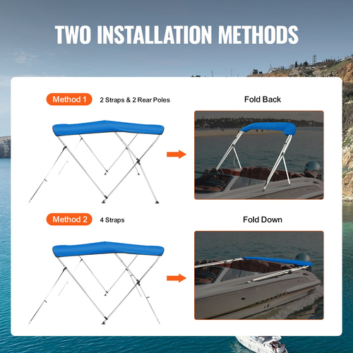 Κάλυμμα σκάφους VEVOR 3 Bow Bimini, 900D Πολυεστερικός θόλος με σκελετό από κράμα αλουμινίου 1&quot;, αδιάβροχο και αντηλιακό, περιλαμβάνει μπότα αποθήκευσης, 2 κοντάρια στήριξης, 4 ιμάντες, 6&#039;L x 46&quot;H x 54&quot;-60&quot;W, Pacific Μπλε