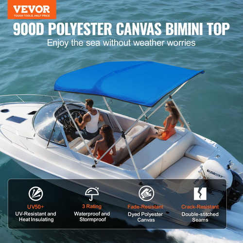 Κάλυμμα σκάφους VEVOR 3 Bow Bimini, 900D Πολυεστερικός θόλος με σκελετό από κράμα αλουμινίου 1&quot;, αδιάβροχο και αντηλιακό, περιλαμβάνει μπότα αποθήκευσης, 2 στύλους στήριξης, 4 ιμάντες, 6&#039;L x 46&quot; Υ x 61&quot;-66&quot; W, Pacific Μπλε