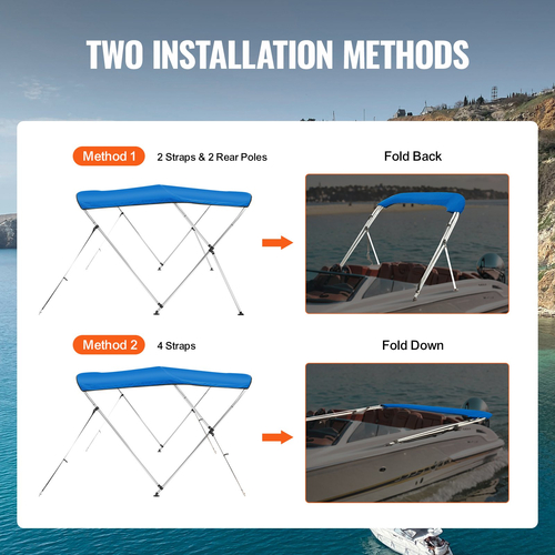 Κάλυμμα σκάφους VEVOR 3 Bow Bimini, 900D Πολυεστερικός θόλος με σκελετό από κράμα αλουμινίου 1&quot;, αδιάβροχο και αντηλιακό, περιλαμβάνει μπότα αποθήκευσης, 2 στύλους στήριξης, 4 ιμάντες, 6&#039;L x 46&quot; Υ x 61&quot;-66&quot; W, Pacific Μπλε