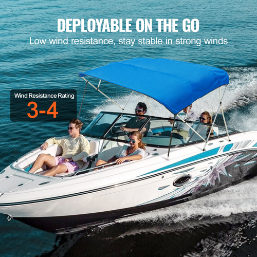 Κάλυμμα σκάφους VEVOR 4 Bow Bimini, 900D Πολυεστερικός θόλος με σκελετό από κράμα αλουμινίου 1&quot;, Αδιάβροχο και αντηλιακό, Περιλαμβάνει μπότα αποθήκευσης, 2 στύλους στήριξης, 4 ιμάντες, 8&#039;L x 54&quot;H x 91&quot;-96&quot;W, Pacific Μπλε