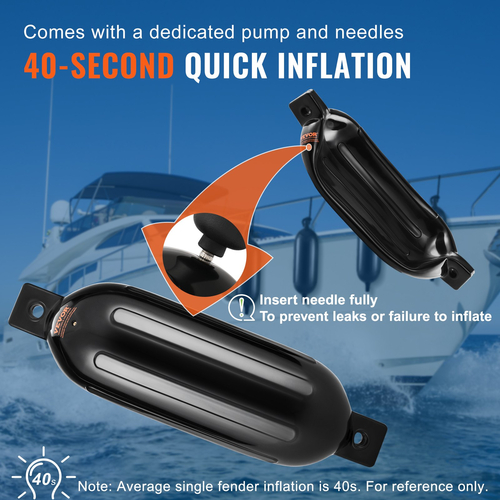 VEVOR Boat Fenders, 5,5&quot; x 20&quot; Boat Fampers for Docking, Φουσκωτό ραβδωτό φτερό με κεντρικές τρύπες, Marine Boat Dock Fender Fender με αντλία αέρα, 4 βελόνες και 4 σχοινιά και τσάντα αποθήκευσης, μαύρο