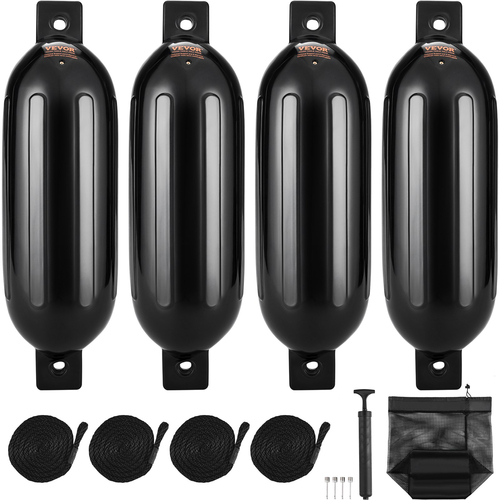 VEVOR Boat Fenders, 5,5&quot; x 20&quot; Boat Fampers for Docking, Φουσκωτό ραβδωτό φτερό με κεντρικές τρύπες, Marine Boat Dock Fender Fender με αντλία αέρα, 4 βελόνες και 4 σχοινιά και τσάντα αποθήκευσης, μαύρο
