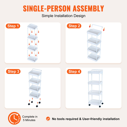 VEVOR 4-Tier Rolling Utility Cart, Kitchen Cart with Lockable Rochs, Multi-functional Storlley Storley with Handle for Office, Καθιστικό, Κουζίνα, Ράφια οργάνωσης καλαθιών κινητής αποθήκευσης, λευκό