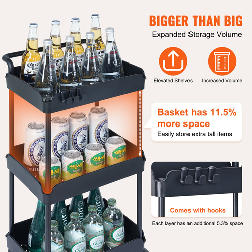VEVOR 3-Tier Rolling Utility Cart, Kitchen Cart with Lockable Rochs, Multi-functional Storley Trolley with Handle for Office, Καθιστικό, Κουζίνα, Ράφια οργάνωσης καλαθιού κινητής αποθήκευσης, μαύρο