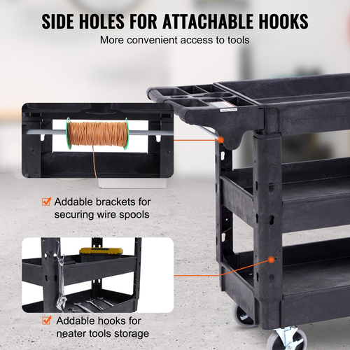 VEVOR Utility Service Cart, 3 Shelf 550LBS Heavy Duty Plastic Rolling Utility Cart με περιστρεφόμενους τροχούς 360° (2 με φρένα), ράφι μεσαίου χείλους, εργονομική λαβή αποθήκευσης για αποθήκη/Γκαράζ/Καθαρισμό