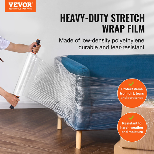 VEVOR Stretch Film, 15 ίντσες x 1000 πόδια, 1 Pack, 60 Gauge Industrial Strength Clear ανθεκτικό ελαστικό ρολό περιτύλιξης, βαρέως τύπου Shrink Film Stretch Wrap με λαβές για τύλιγμα παλέτας Αποστολή Μετακίνηση