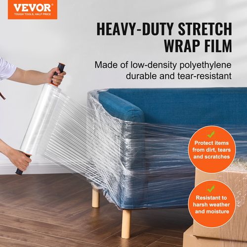 VEVOR Stretch Film VEVOR, 15 ίντσες x 1200 πόδια, 2 Pack, 80 Gauge Industrial Strength Clear ανθεκτικό ρολό τεντώματος, βαρέως τύπου Shrink Stretch Wrap με λαβές για τύλιγμα παλετών Αποστολή μετακίνηση
